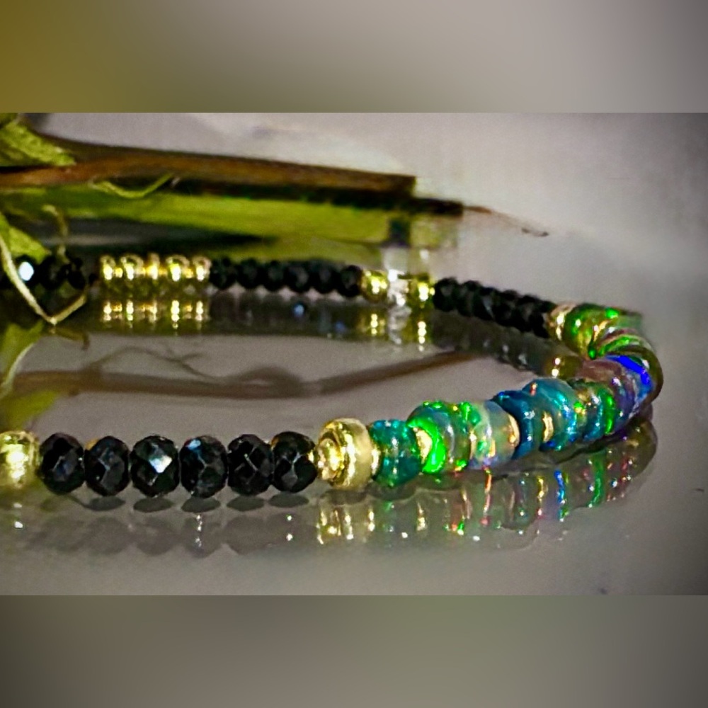Black Welo Opal •Black Faceted Spinel• 14kt Gold Vermeil Gemstone Bracelet - Picture 3 of 7